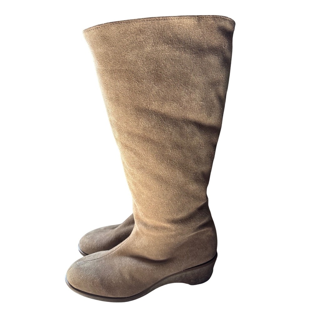 Eddie Bauer Womens 7‎ Tan Suede Shearling Lined Tall Wedge Boots Cottage Cozy